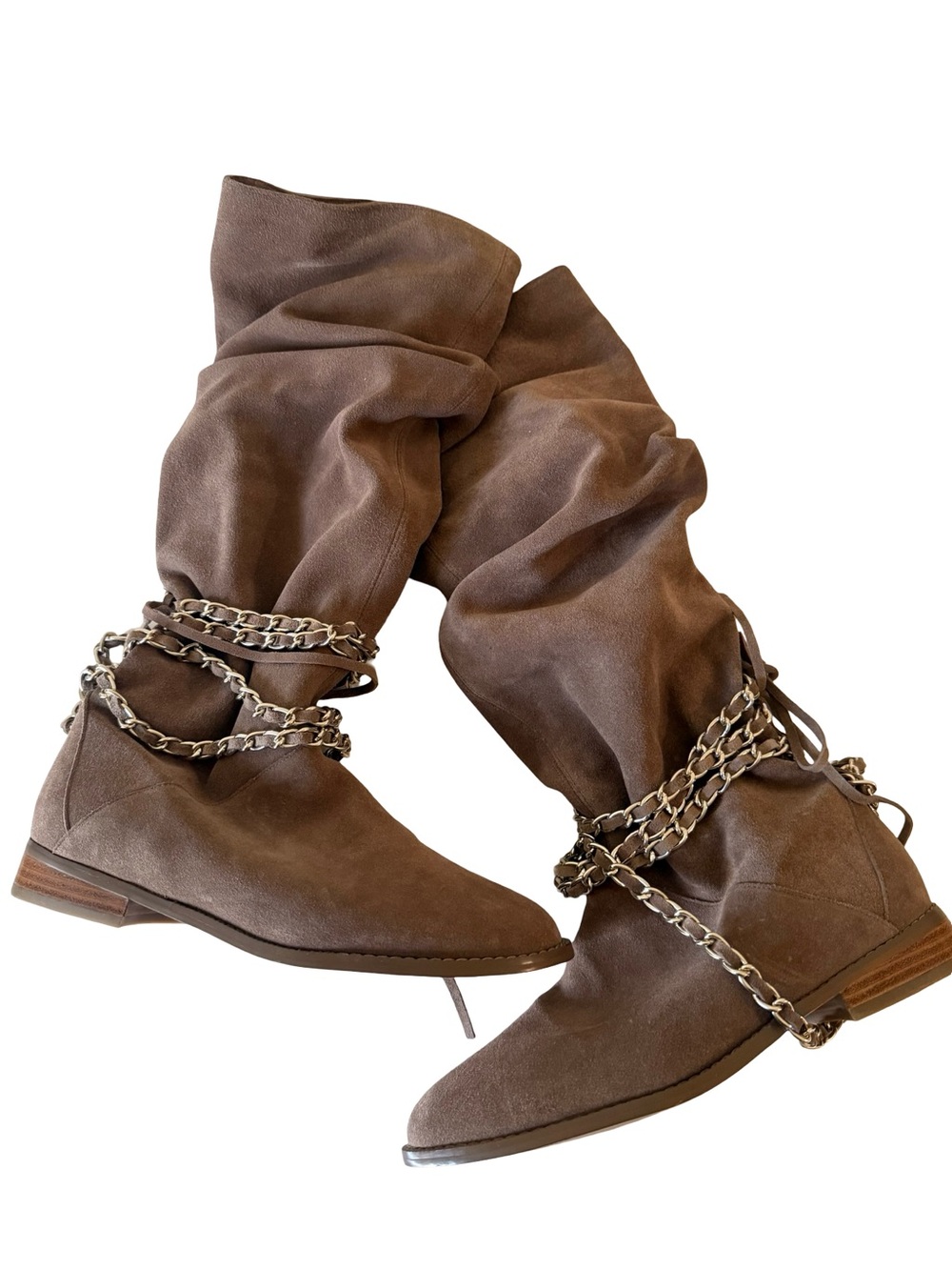 Colin Stuart Tan Slouchy pull on  Tall Chain Moto Suede Knee High Boots Size 8 B